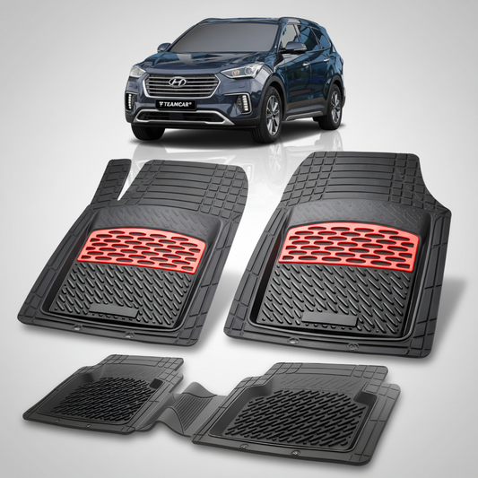 Set of black car floor mats with red accents on a white background, featuring a Hyundai vehicle.