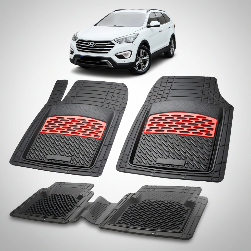 Set of black car floor mats with red accents on a white background, featuring a white SUV.