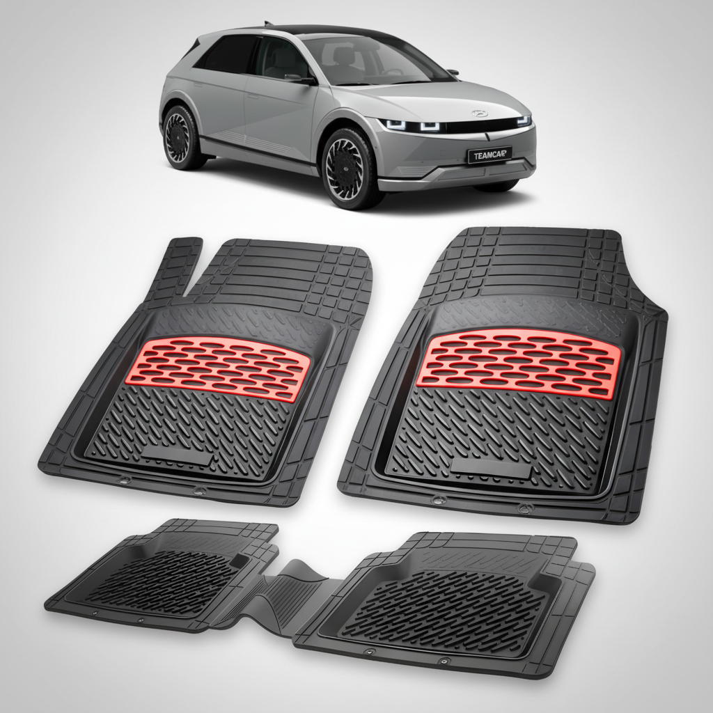 Set of black car floor mats with red accents on a white background, featuring a car model above.