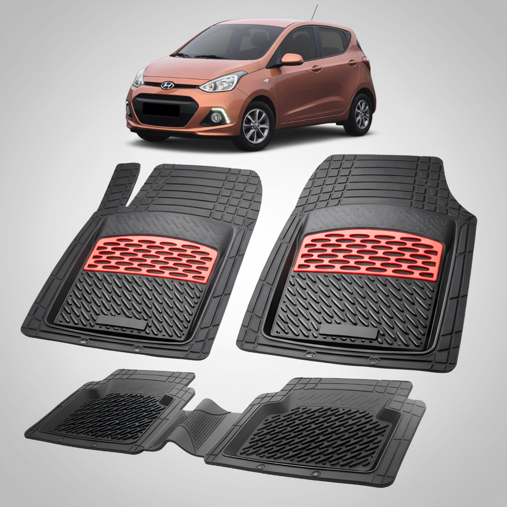 Set of car floor mats with red accents on a white background, with a small car image at the top.