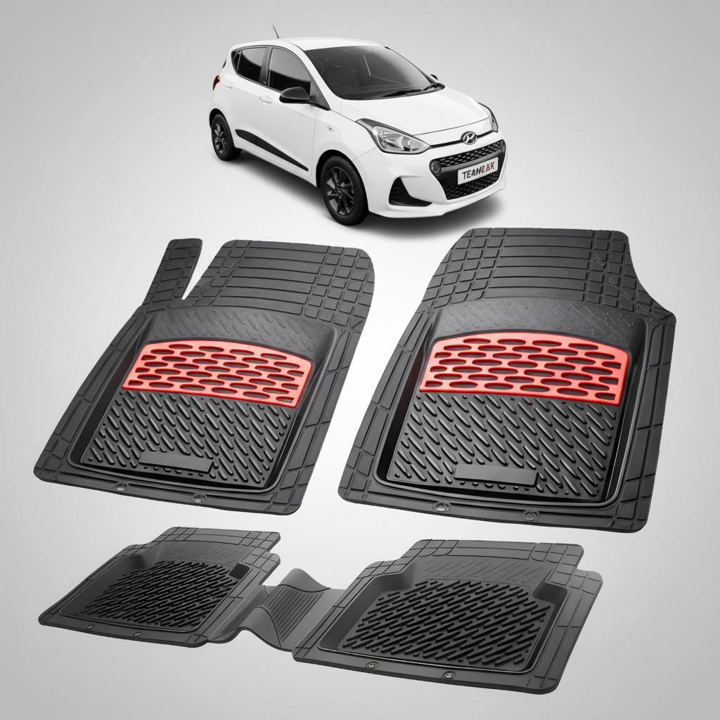 Set of black car floor mats with red accents on a white background, featuring a small white car.