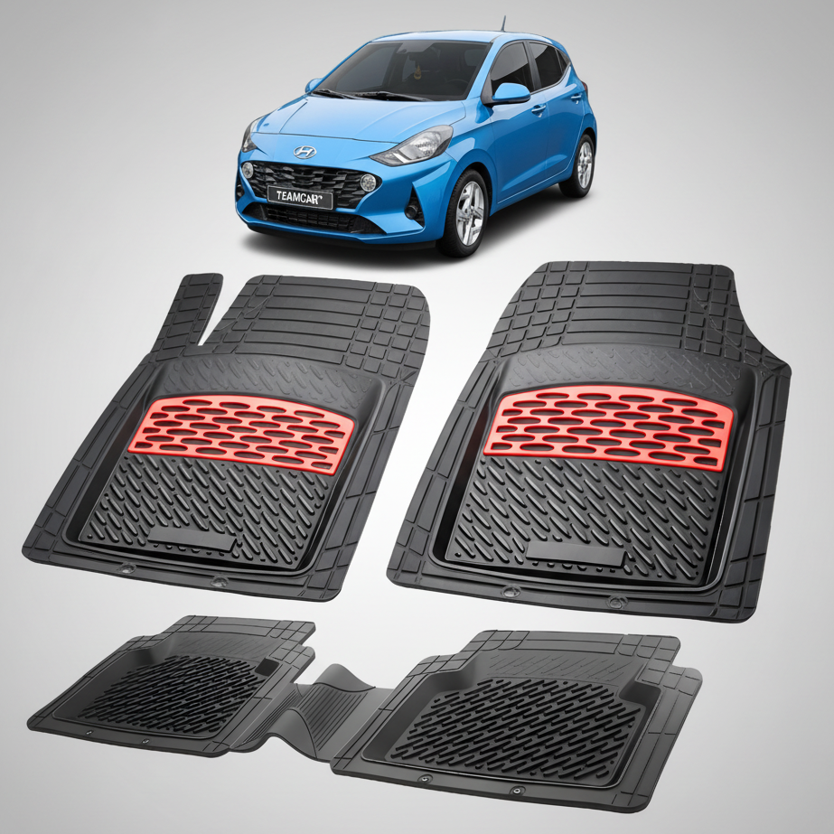 Set of black car mats with red accents on a white background, featuring a blue car.