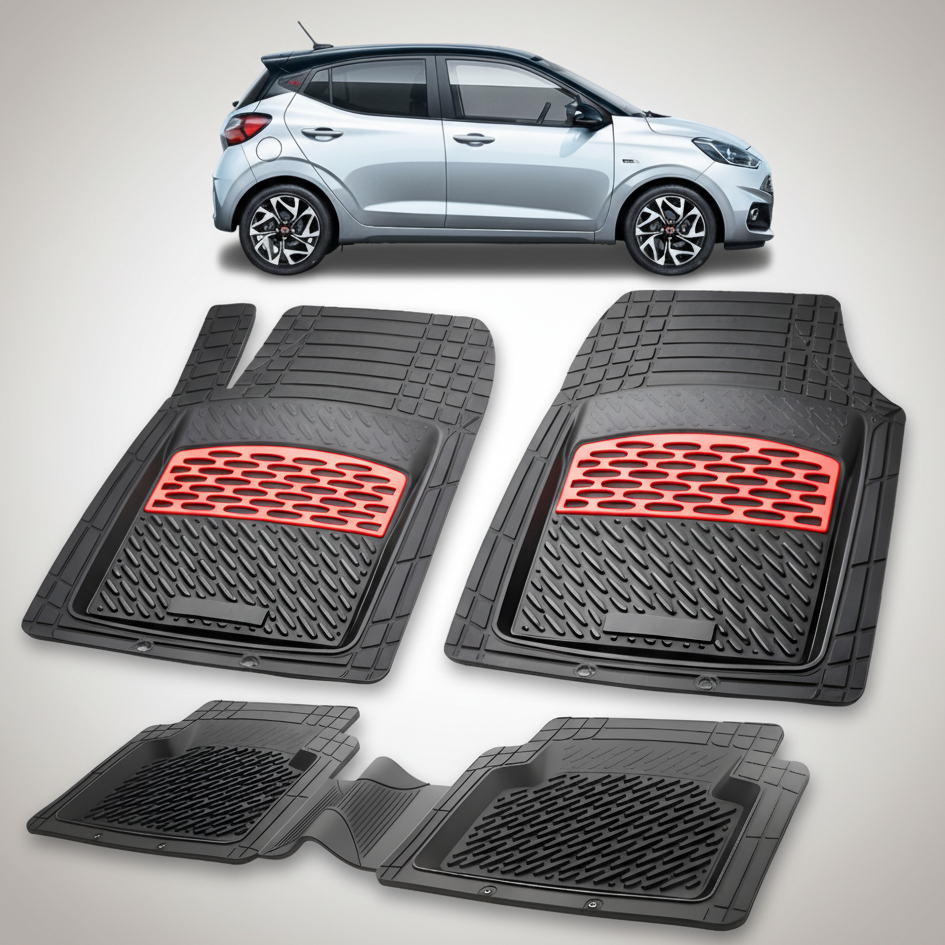 Set of car floor mats with red accents on a white background, featuring a small car model.