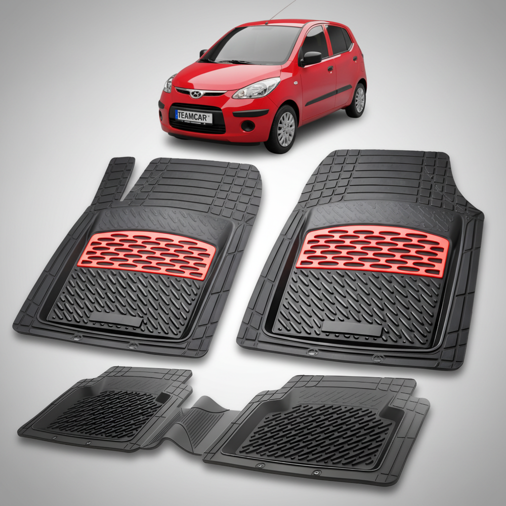 Set of black car floor mats with red accents on a white background, featuring a red car.