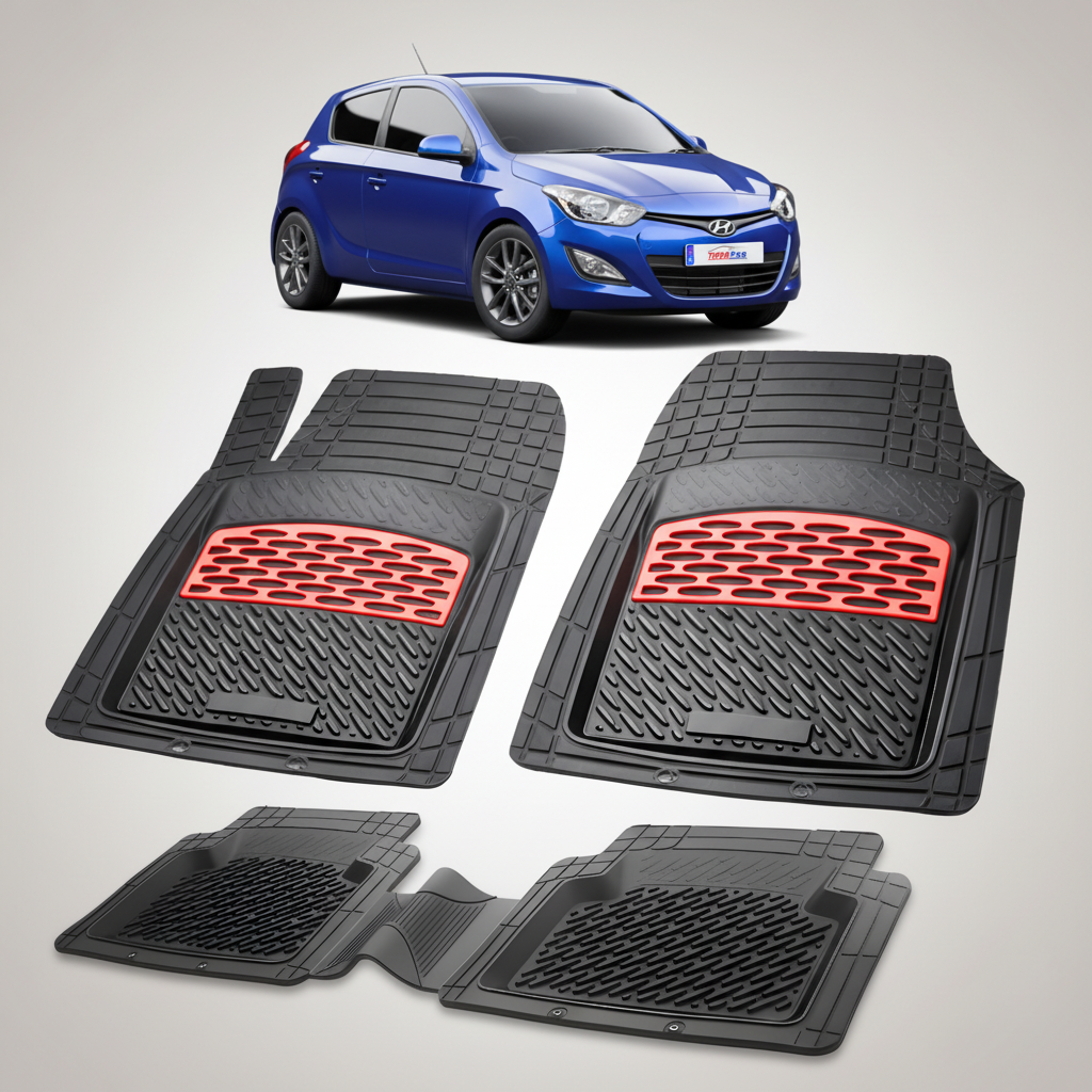 Set of car floor mats with red accents on a white background, featuring a blue car.