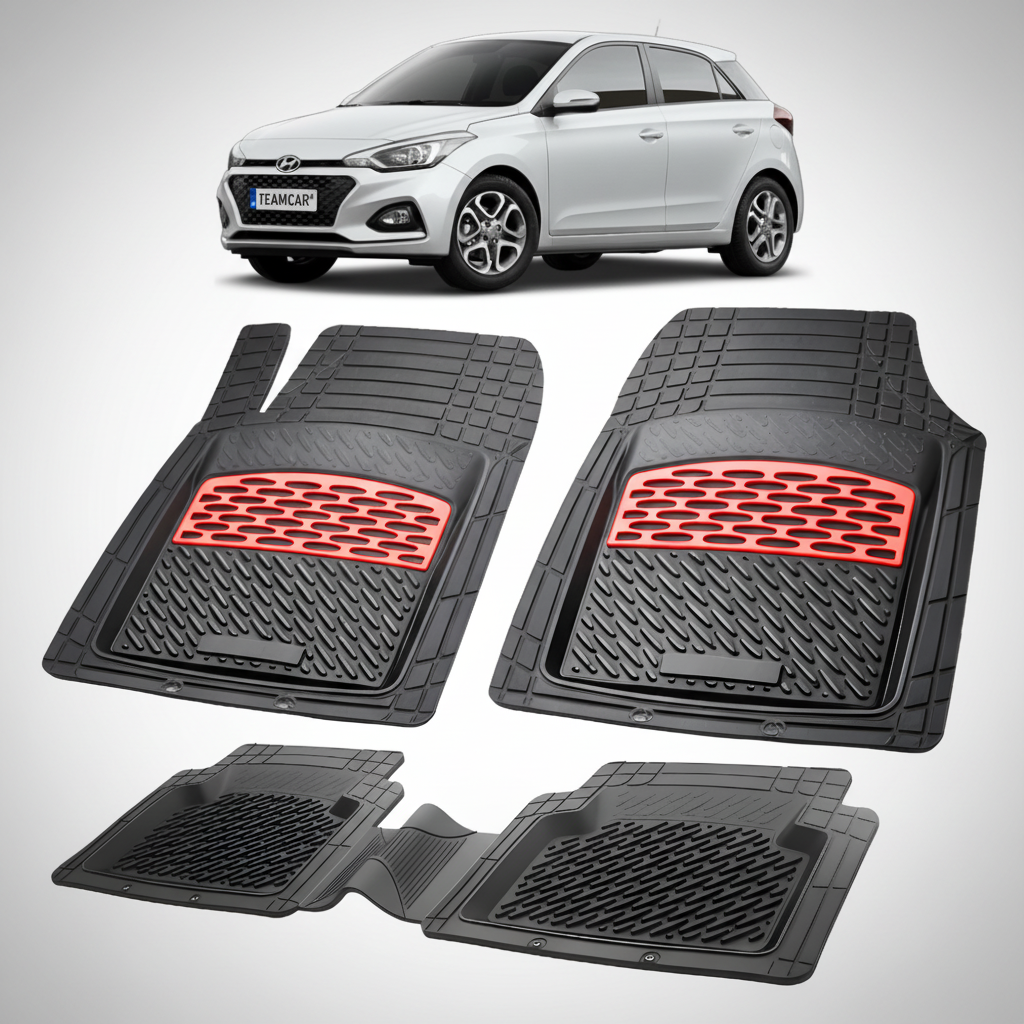 Set of black car mats with red accents on a white background, featuring a white car at the top.