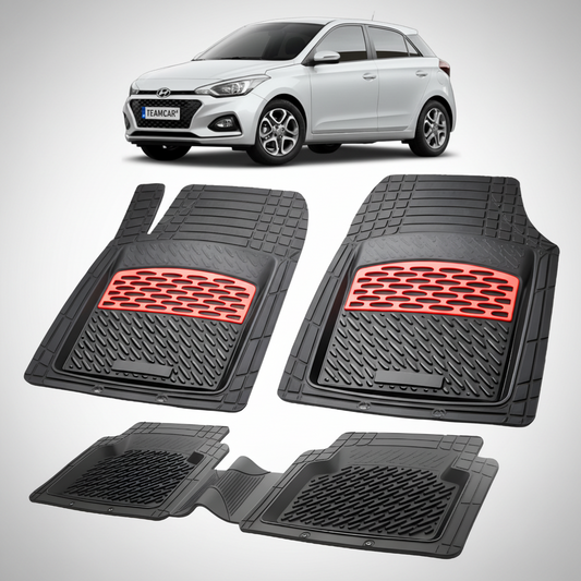 Set of black car mats with red accents on a white background, featuring a white car at the top.