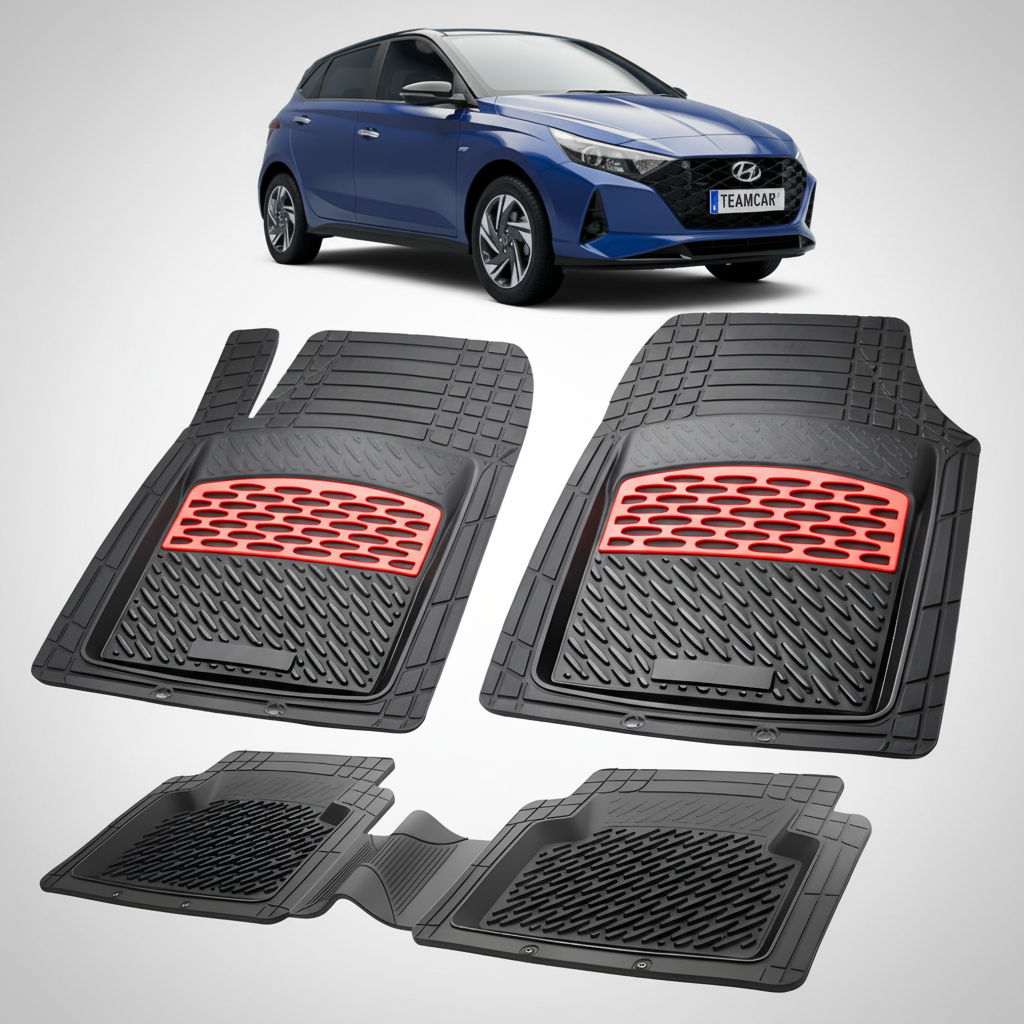 Set of black car floor mats with red accents on a white background, featuring a blue Hyundai car.