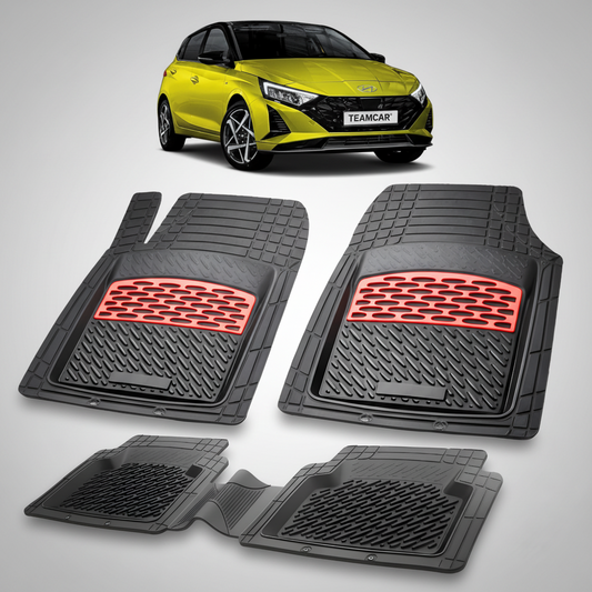 Set of car floor mats with red accents on a white background, featuring a yellow car at the top.