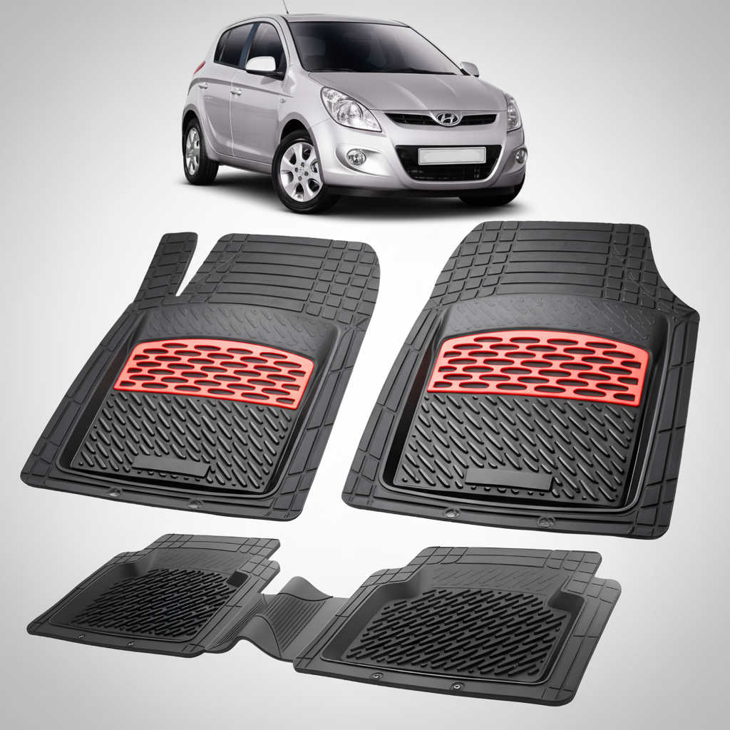Set of black car floor mats with red accents on a white background, featuring a silver car.