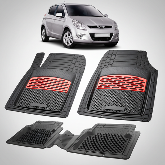 Set of black car floor mats with red accents on a white background, featuring a silver car.