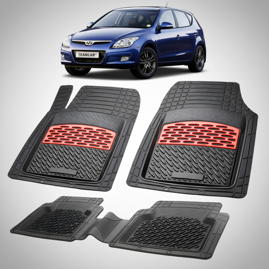 Set of black car floor mats with red accents on a white background, featuring a blue car.