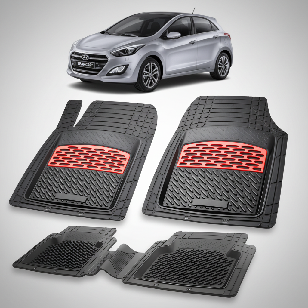 Set of car floor mats with red accents on a white background, featuring a Hyundai car.