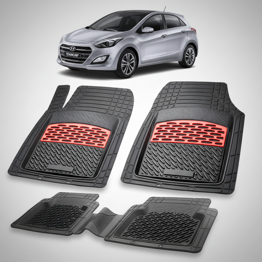 Set of car floor mats with red accents on a white background, featuring a Hyundai car.