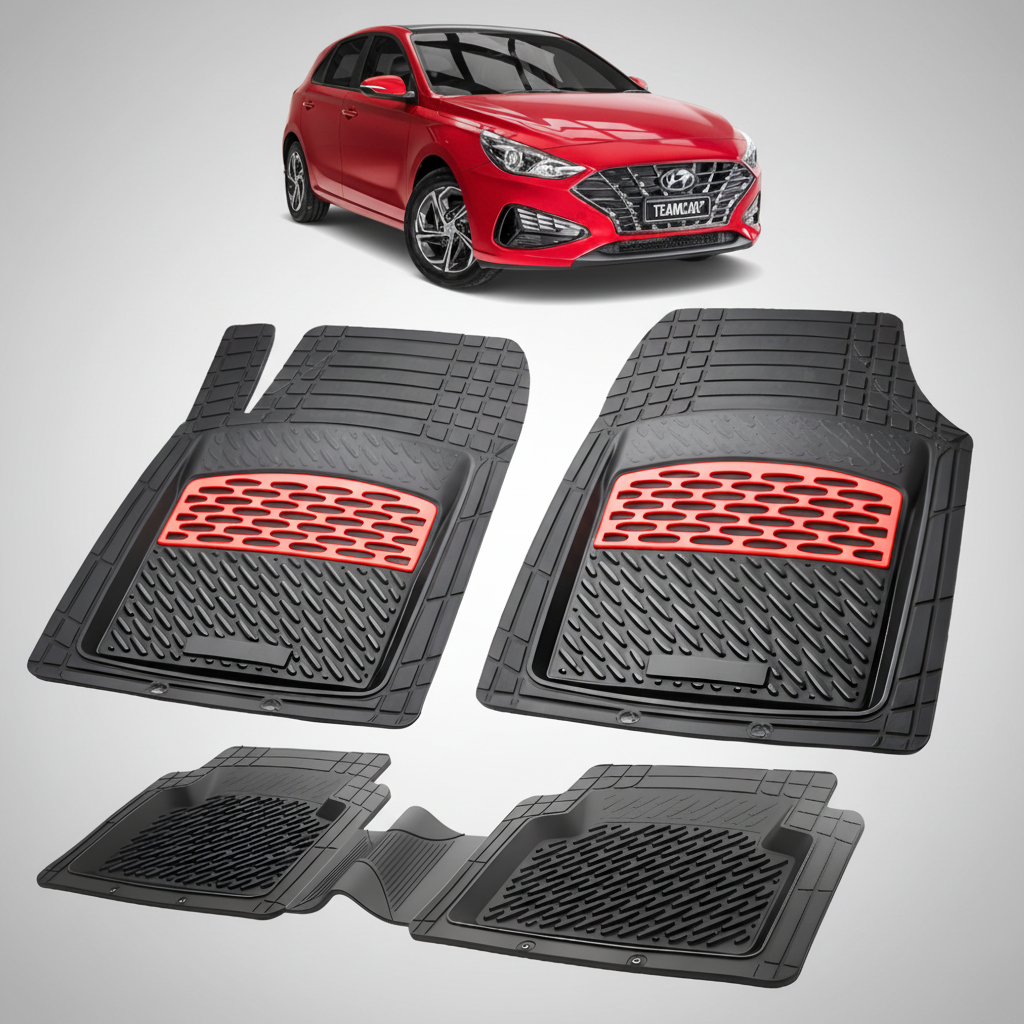 Set of black car floor mats with red accents on a white background, featuring a red Hyundai car.