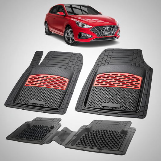 Set of black car floor mats with red accents on a white background, featuring a red Hyundai car.