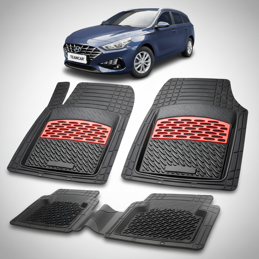Set of black car floor mats with red accents on a white background, featuring a blue car.