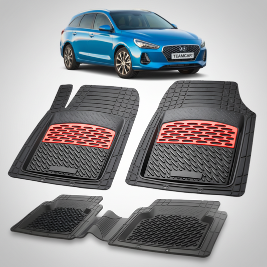 Set of black car floor mats with red accents on a white background, featuring a blue Hyundai car.