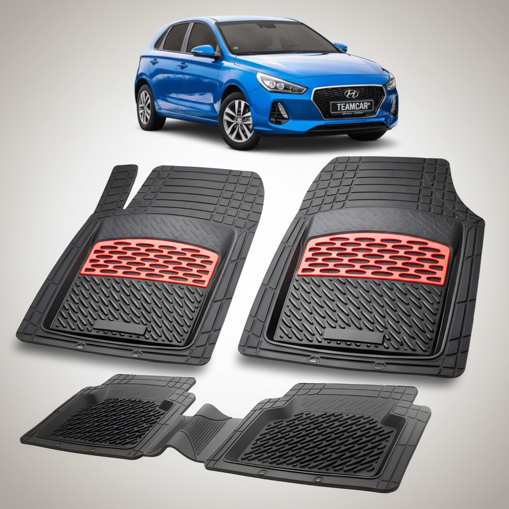 Set of car floor mats with red honeycomb pattern on a white background, featuring a blue Hyundai car.