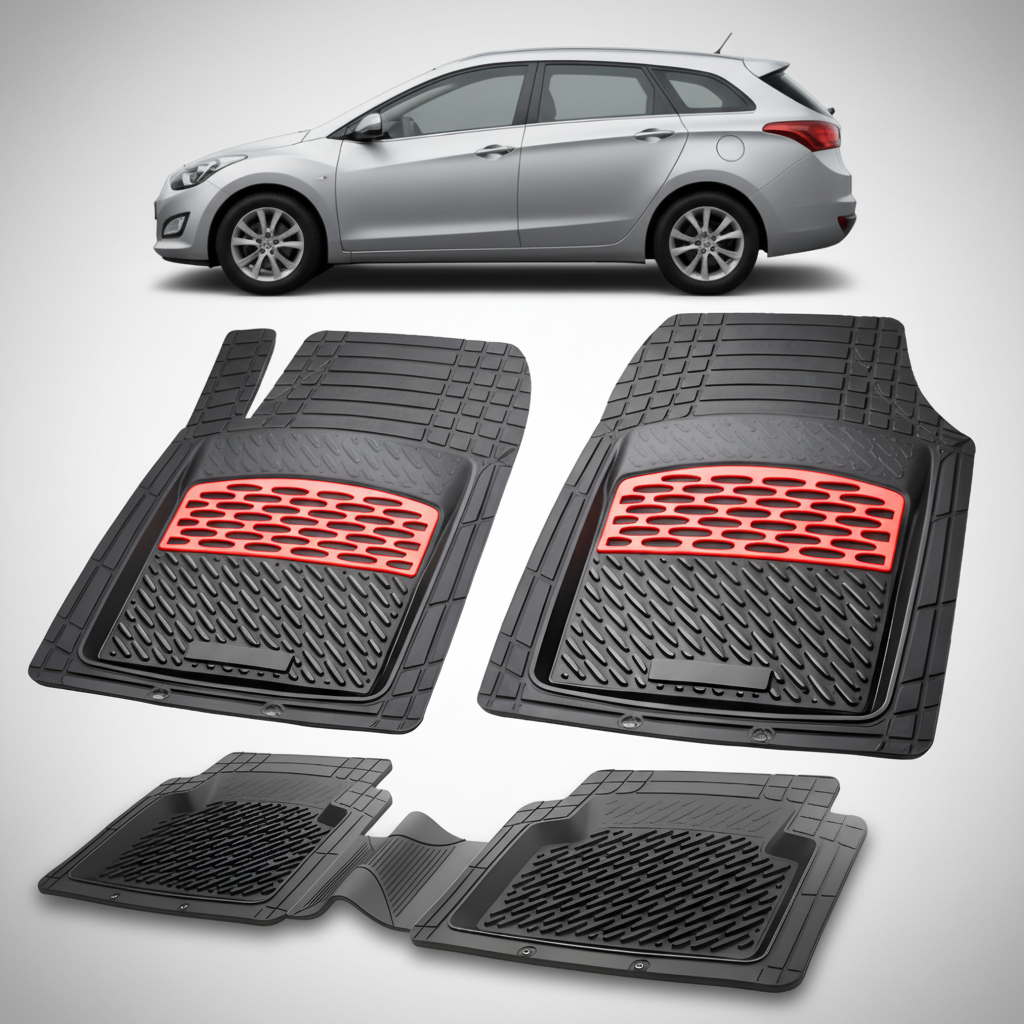 Set of black car floor mats with red accents on a white background, featuring a silver car.