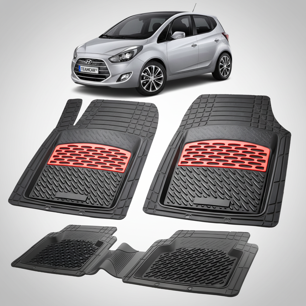 Set of car floor mats with red accents on a white background, with a silver car partially visible.