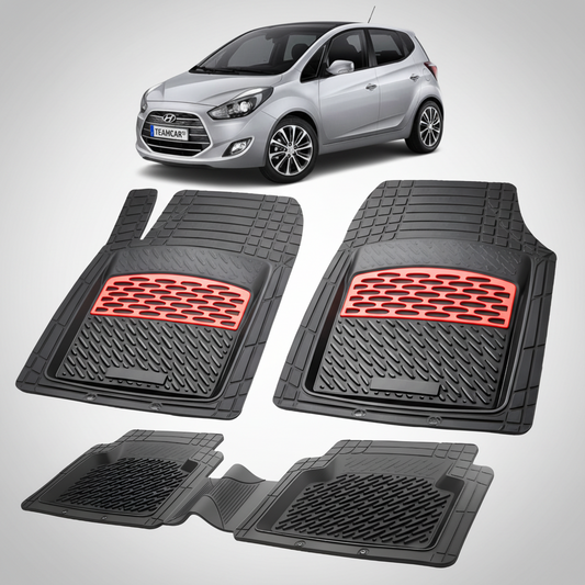 Set of car floor mats with red accents on a white background, with a silver car partially visible.