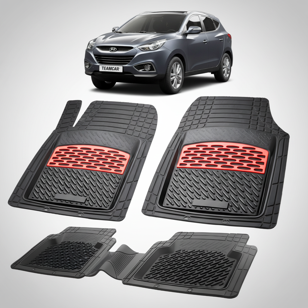 Set of black car floor mats with red accents on a white background, featuring a Hyundai car.