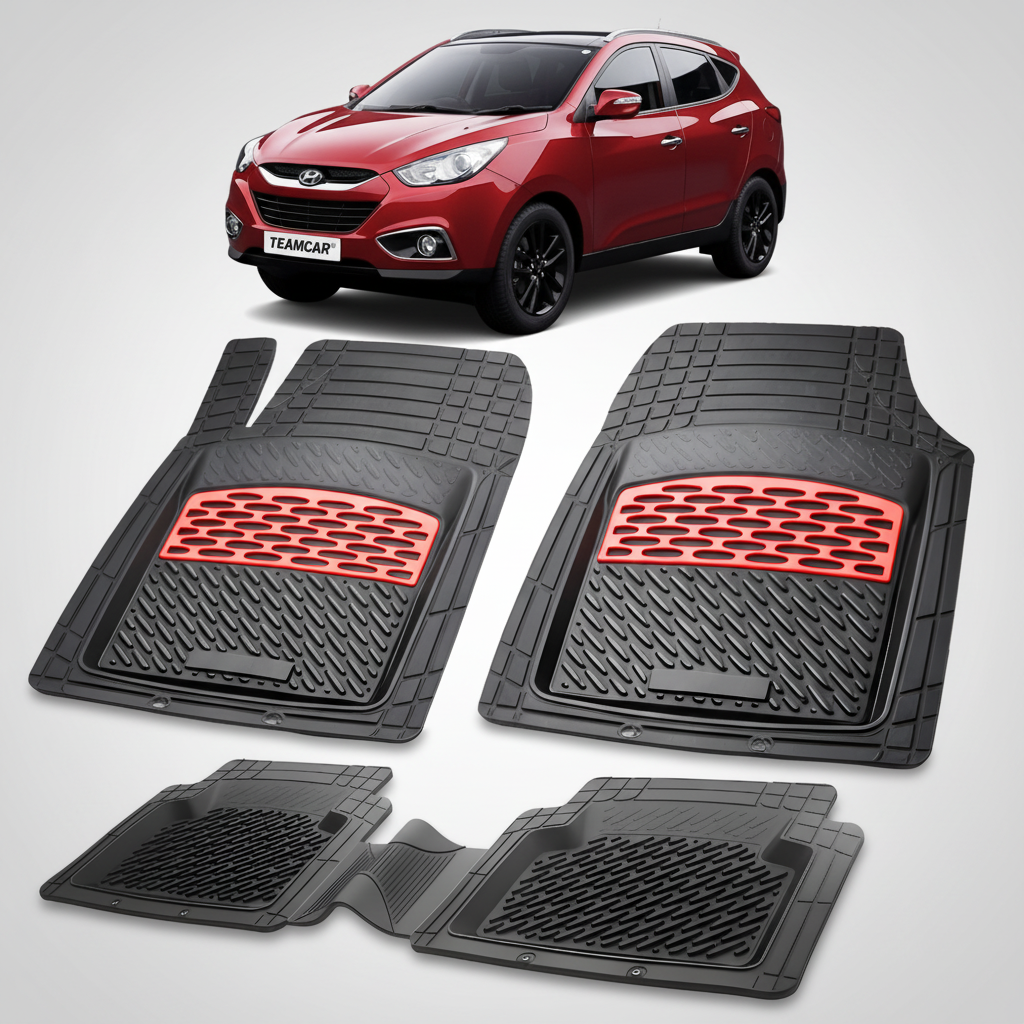 Set of black car mats with red accents on a white background, featuring a red Hyundai car above.