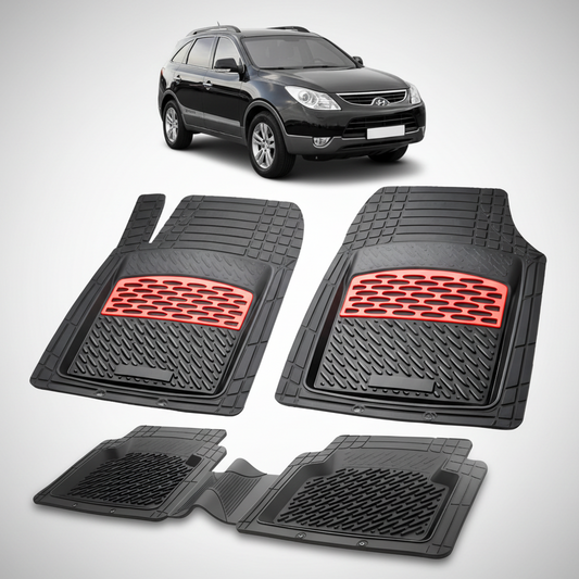 Set of black car floor mats with red accents on a white background, featuring a black SUV.