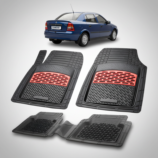 Set of black car floor mats with red accents on a white background, featuring a blue car at the top.