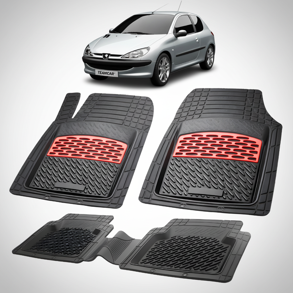 Set of car floor mats with red accents on a white background, featuring a car at the top.
