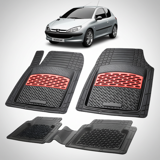 Set of car floor mats with red accents on a white background, featuring a car at the top.