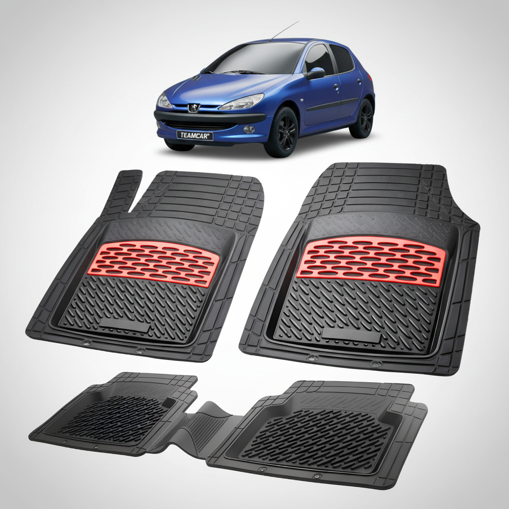 Set of black car floor mats with red accents on a white background, featuring a blue car.