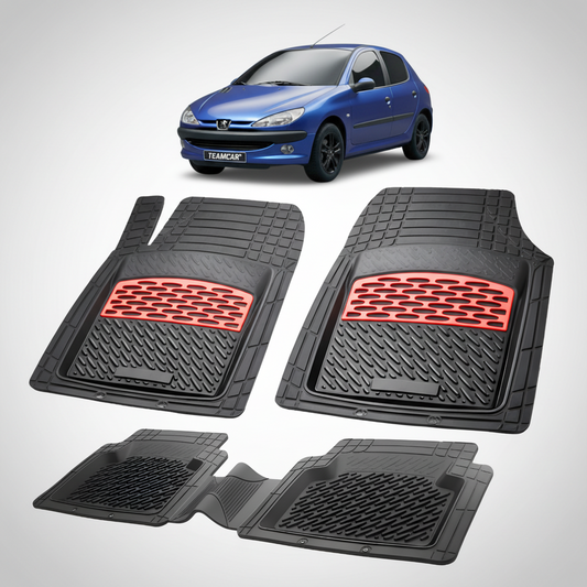 Set of black car floor mats with red accents on a white background, featuring a blue car.