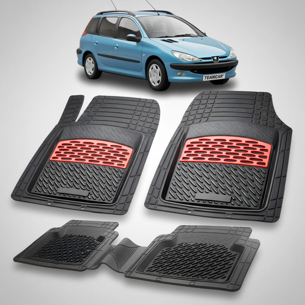 Set of car floor mats with red honeycomb pattern on a white background, featuring a blue car at the top.