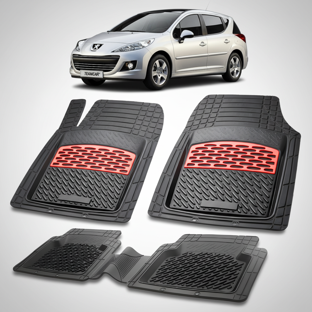Set of black car floor mats with red accents on a white background, featuring a Peugeot car.