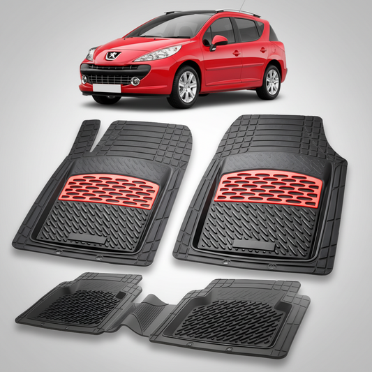 Set of black car floor mats with red accents on a white background, featuring a red car at the top.