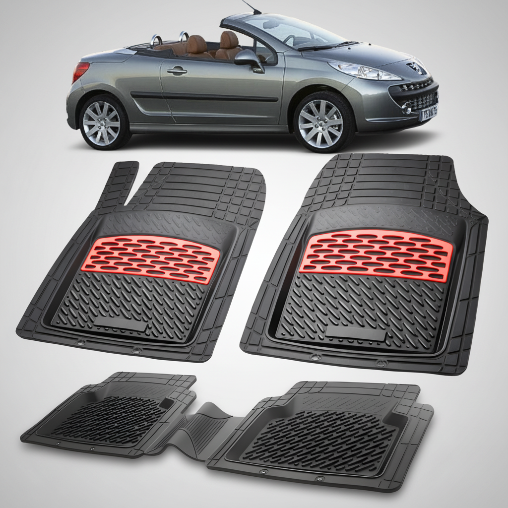 Set of car floor mats with red accents on a white background, with a car partially visible.