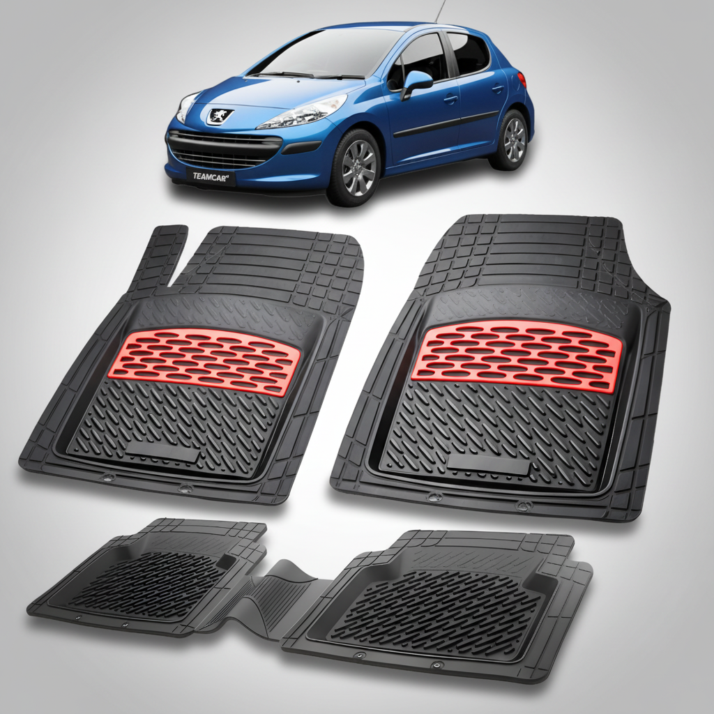 Set of black car floor mats with red accents on a white background, featuring a blue car.