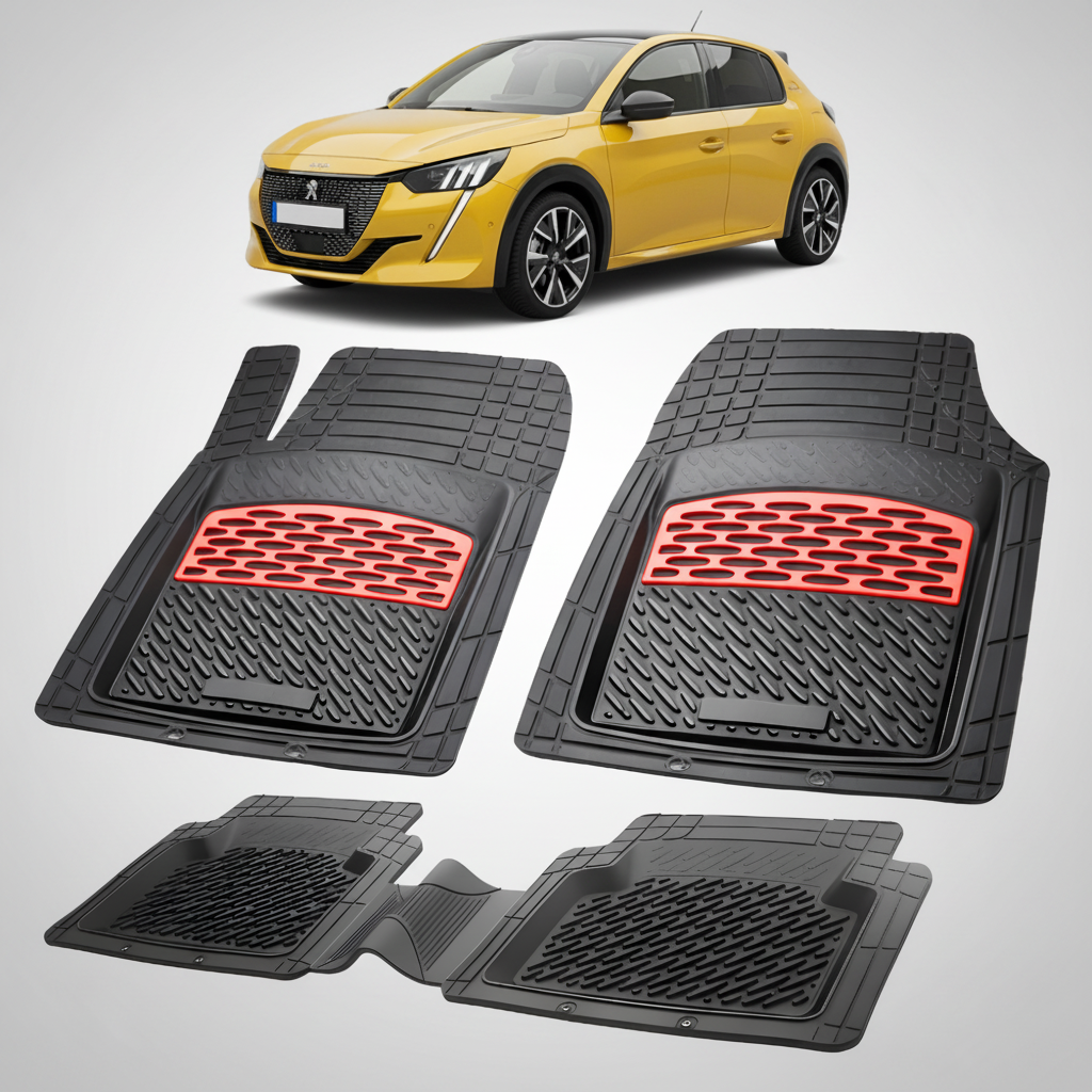 Set of black car floor mats with red accents on a white background, featuring a yellow car.