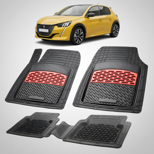 Set of black car floor mats with red accents on a white background, featuring a yellow car.