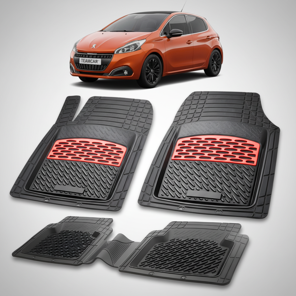 Set of black car mats with red accents on a white background, featuring a Peugeot car.
