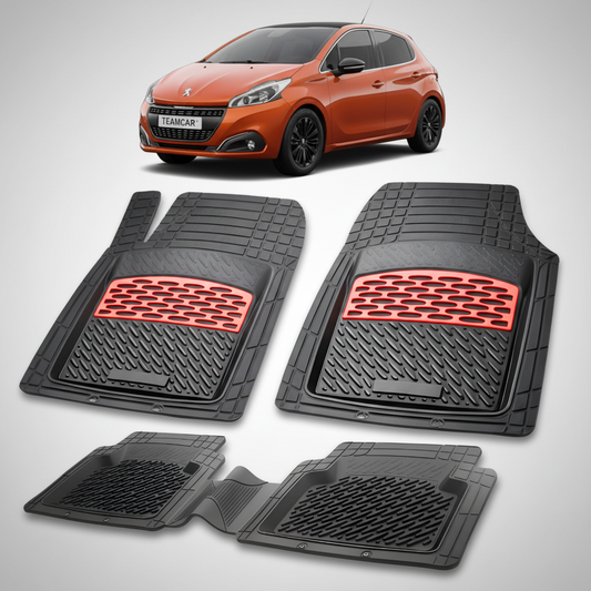 Set of black car mats with red accents on a white background, featuring a Peugeot car.