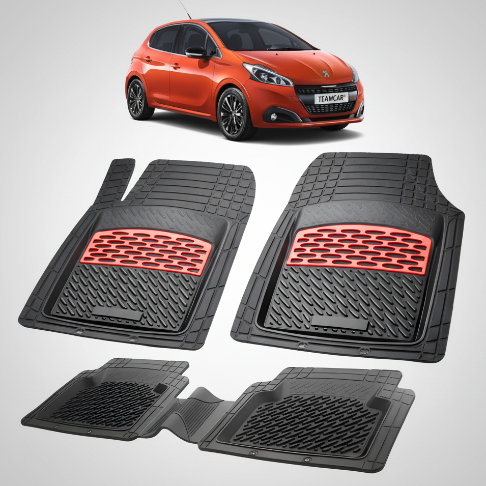 Set of car floor mats with red accents on a white background, featuring a red car at the top.