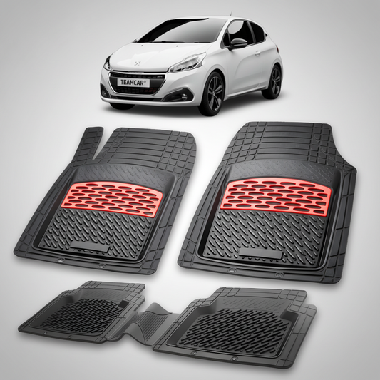 Set of black car floor mats with red accents on a white background, featuring a white car with 'Teamcar' branding.