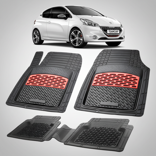 Set of car floor mats with red accents on a white background, featuring a white car.