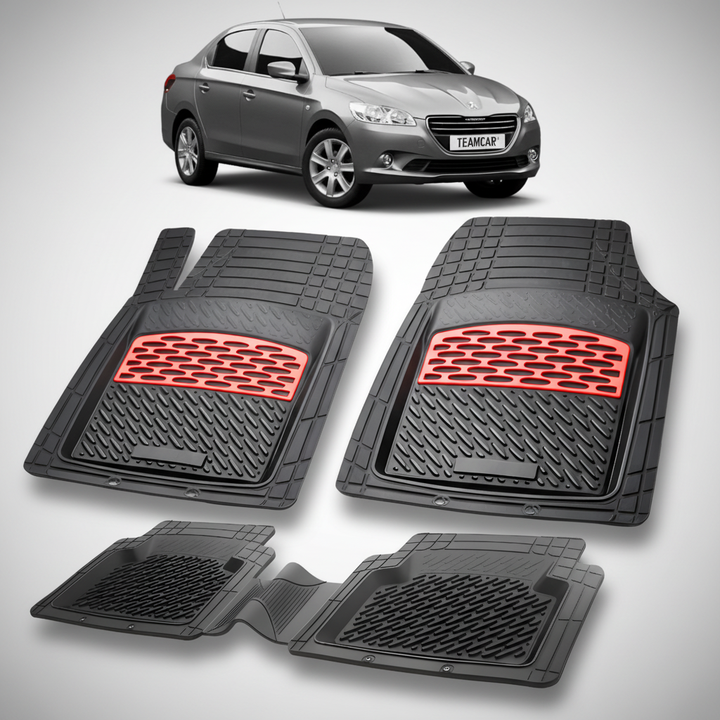 Set of black car floor mats with red accents on a white background, featuring a car model above.