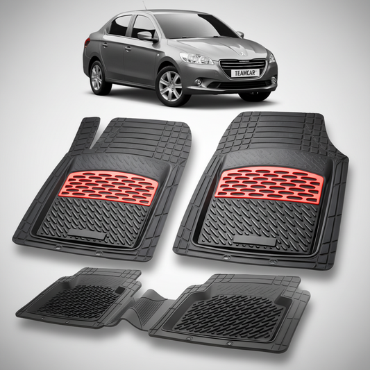 Set of black car floor mats with red accents on a white background, featuring a car model above.