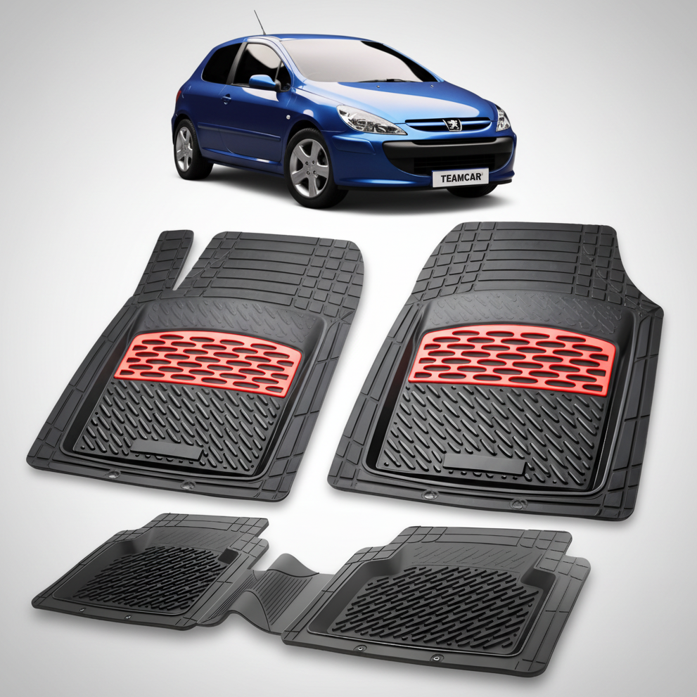 Set of black car floor mats with red accents on a white background, featuring a blue car.