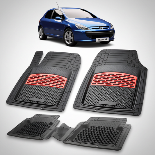 Set of black car floor mats with red accents on a white background, featuring a blue car.